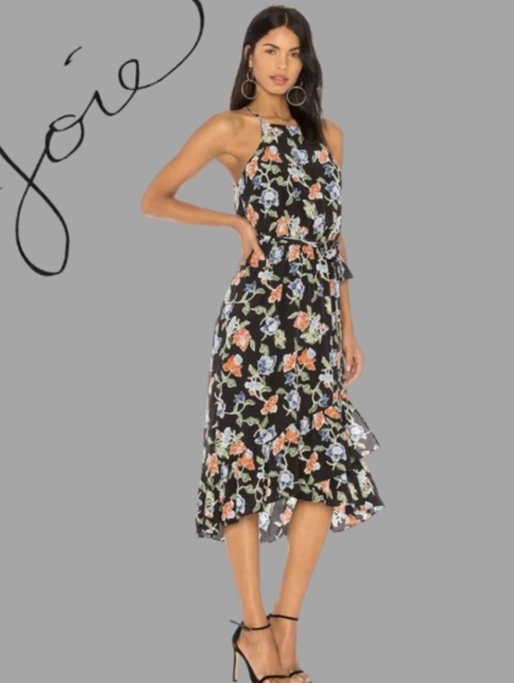 Joie Deme Silk Dress In Caviar Black Floral Halter High-Low Midi Dress Sz.M NWT